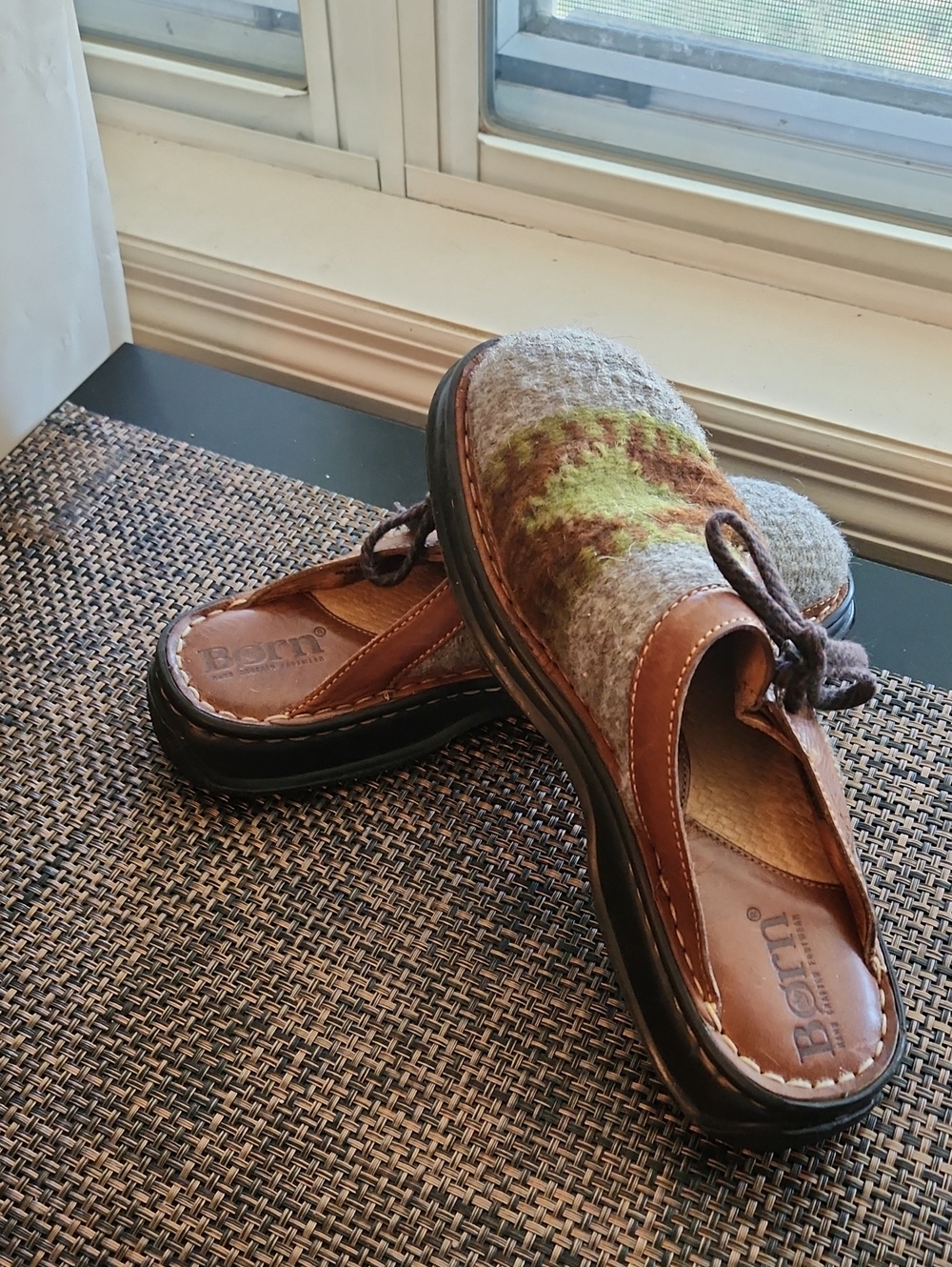 Brown Leather & Green Patterned Wool Slip-On